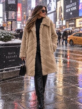 Women's Beige Faux Fur Coat - Luxe Warmth